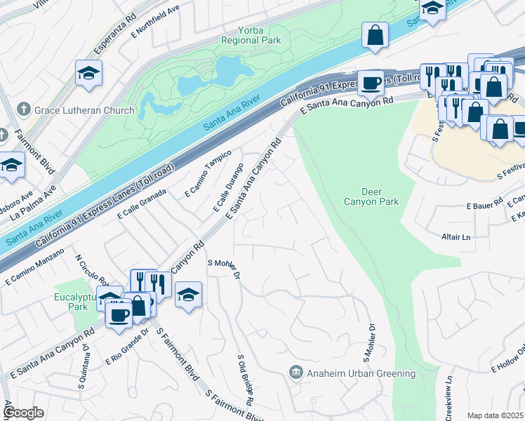 map of restaurants, bars, coffee shops, grocery stores, and more near 7630 East Spotted Pony Lane in Anaheim