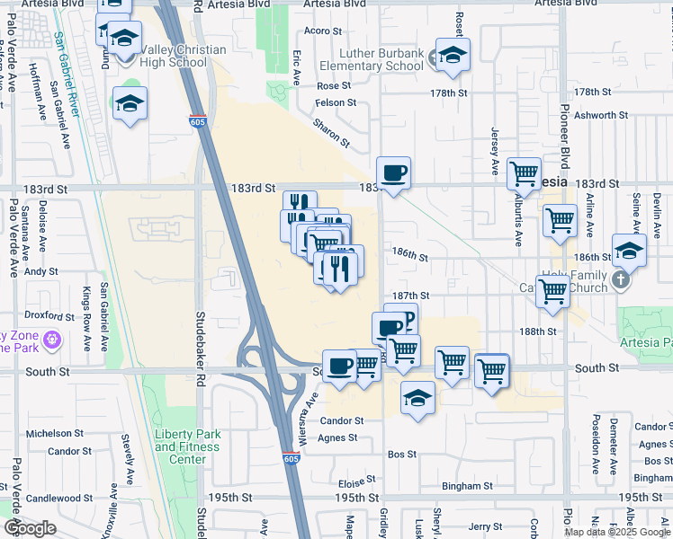 map of restaurants, bars, coffee shops, grocery stores, and more near 310 Los Cerritos Center in Cerritos