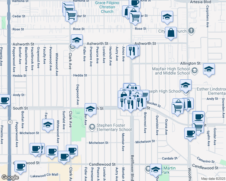 map of restaurants, bars, coffee shops, grocery stores, and more near 5902 Hersholt Avenue in Lakewood