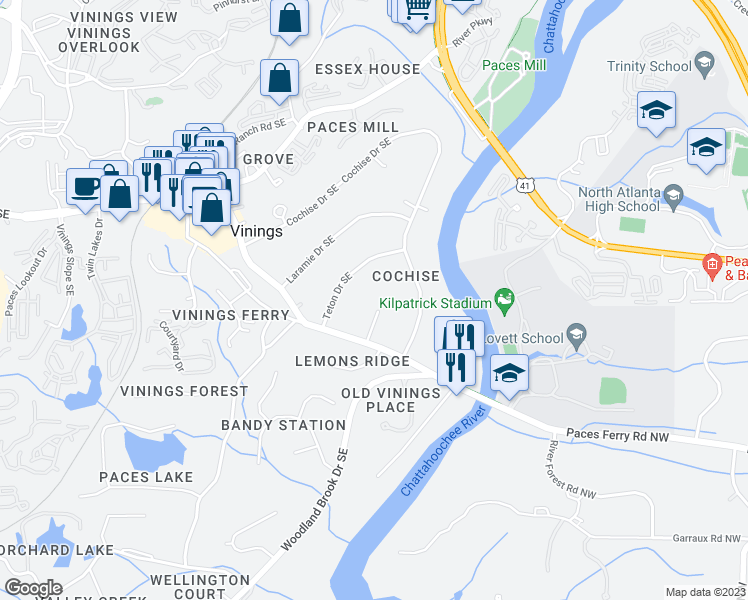 map of restaurants, bars, coffee shops, grocery stores, and more near 3285 Craggy Point in Atlanta