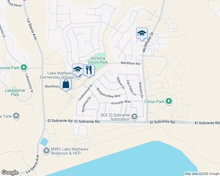 map of restaurants, bars, coffee shops, grocery stores, and more near 12568 Orange Blossom Lane in Riverside