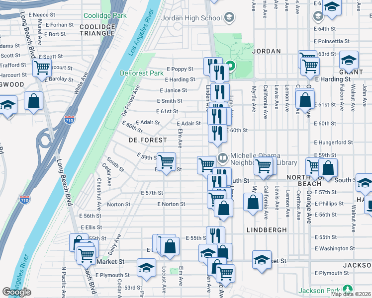 map of restaurants, bars, coffee shops, grocery stores, and more near 420 East Osgood Street in Long Beach