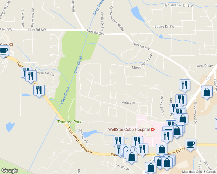 map of restaurants, bars, coffee shops, grocery stores, and more near 1947 Calvary Hill Court Southwest in Marietta