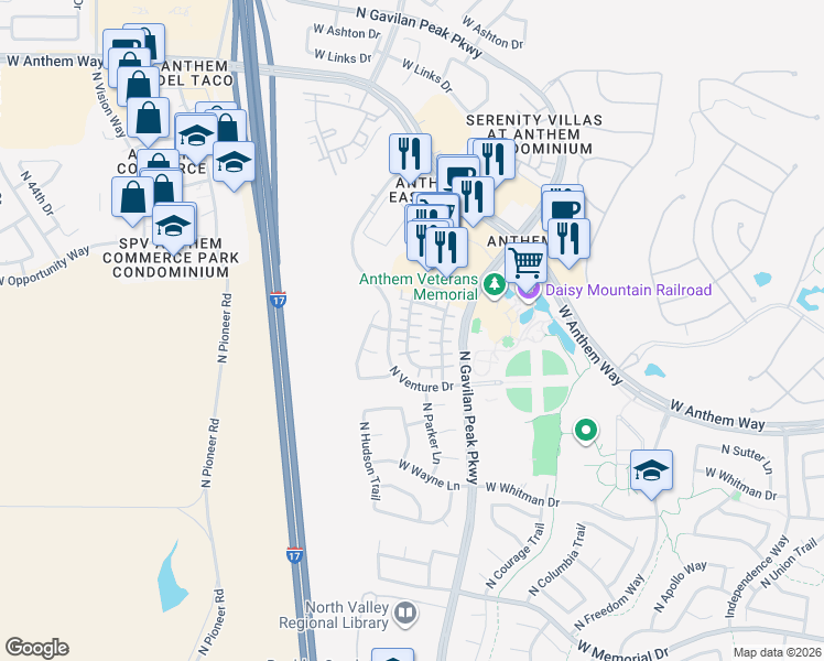 map of restaurants, bars, coffee shops, grocery stores, and more near 3681 Ericson Lane in New River