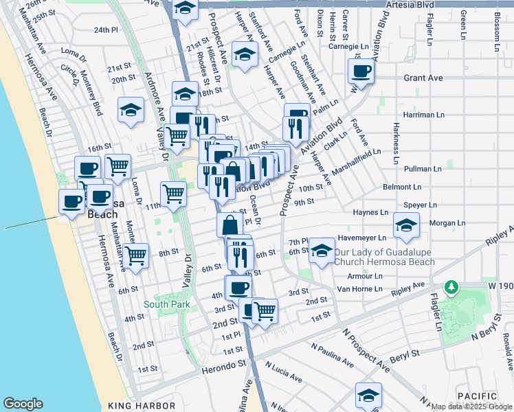 map of restaurants, bars, coffee shops, grocery stores, and more near 1001 9th Street in Hermosa Beach