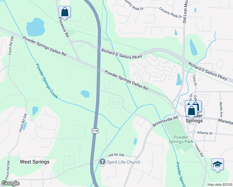 map of restaurants, bars, coffee shops, grocery stores, and more near 4678 Sweetwater Avenue in Powder Springs
