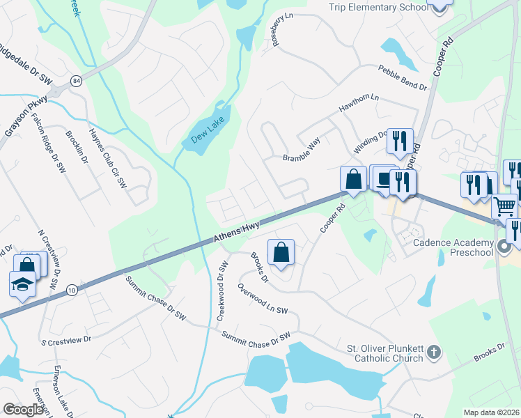 map of restaurants, bars, coffee shops, grocery stores, and more near 213 Accord Lane Southwest in Grayson