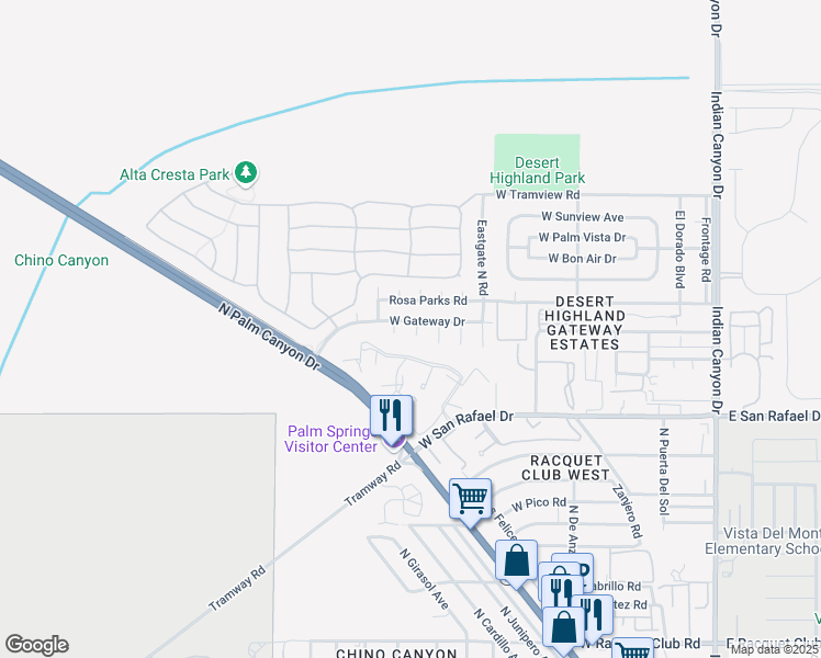 map of restaurants, bars, coffee shops, grocery stores, and more near 789 West Gateway Drive in Palm Springs