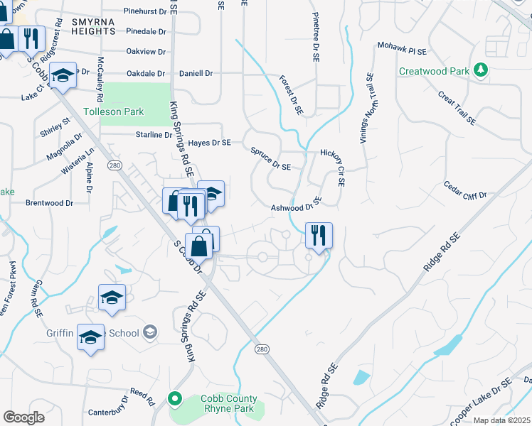 map of restaurants, bars, coffee shops, grocery stores, and more near 3710 Ashwood Drive Southeast in Smyrna