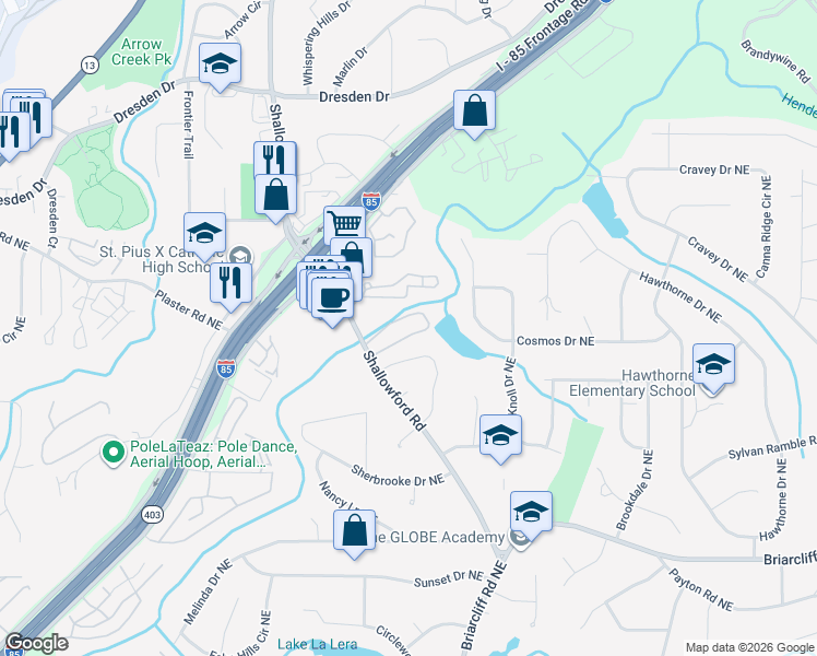 map of restaurants, bars, coffee shops, grocery stores, and more near 2542 Bradford Square Northeast in Atlanta