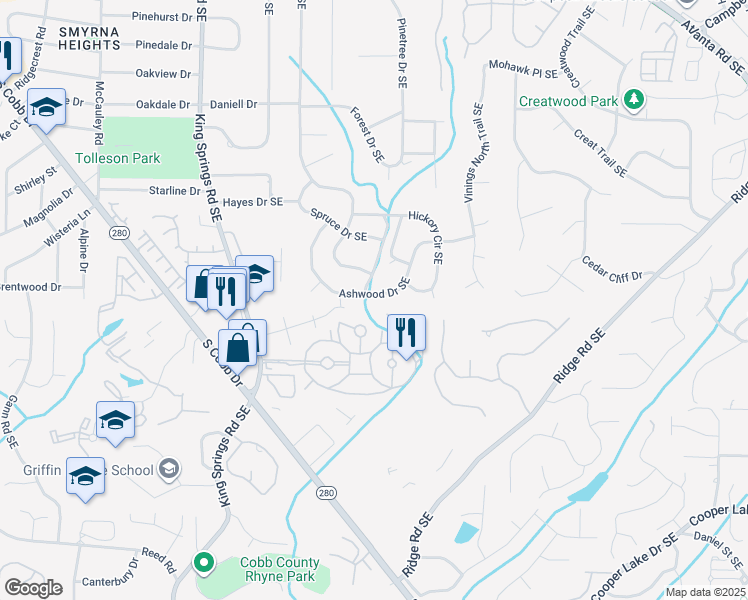 map of restaurants, bars, coffee shops, grocery stores, and more near 3754 Ashwood Drive Southeast in Smyrna