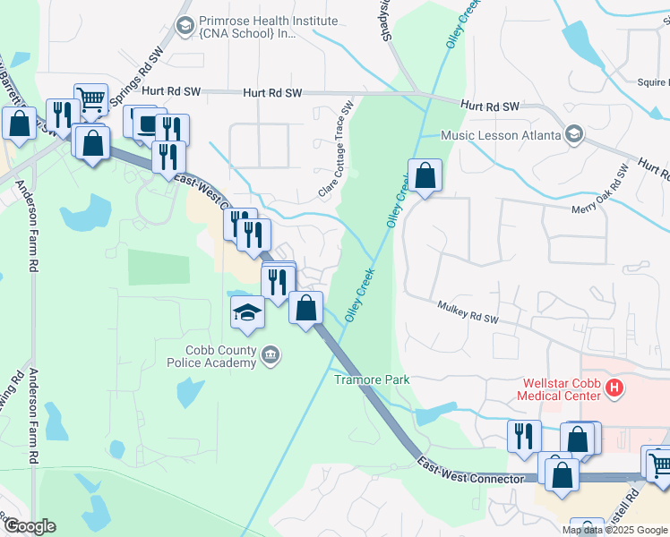 map of restaurants, bars, coffee shops, grocery stores, and more near 2222 East-West Connector in Austell