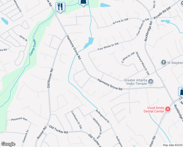 map of restaurants, bars, coffee shops, grocery stores, and more near 302 Harmony Grove Road in Lilburn
