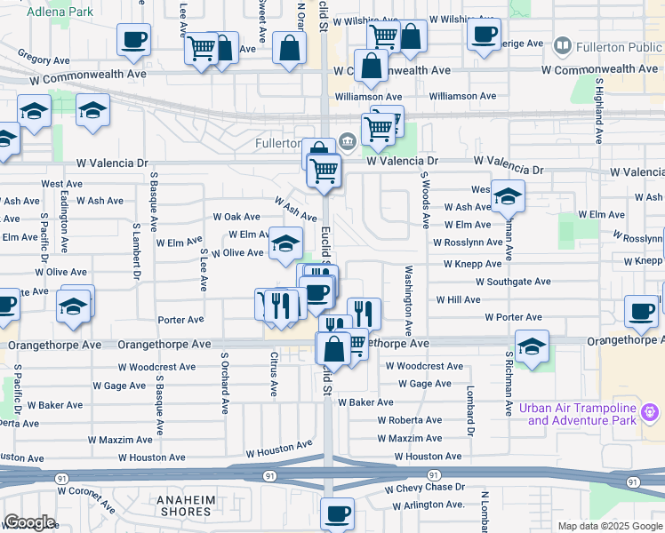 map of restaurants, bars, coffee shops, grocery stores, and more near in Fullerton