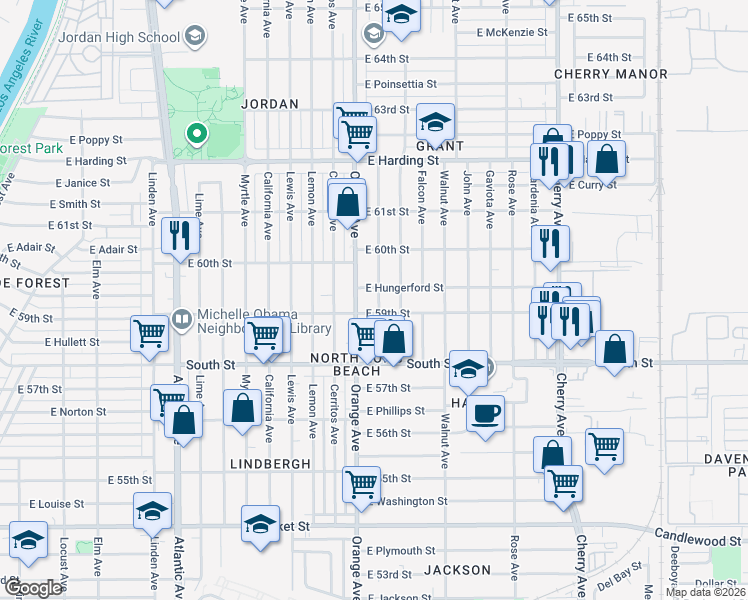 map of restaurants, bars, coffee shops, grocery stores, and more near 5916 Brayton Avenue in Long Beach