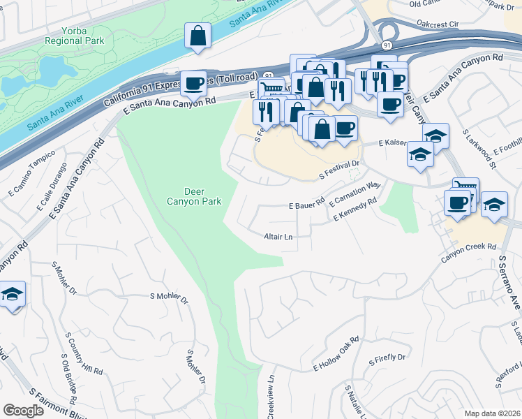 map of restaurants, bars, coffee shops, grocery stores, and more near 240 South Raspberry Lane in Anaheim