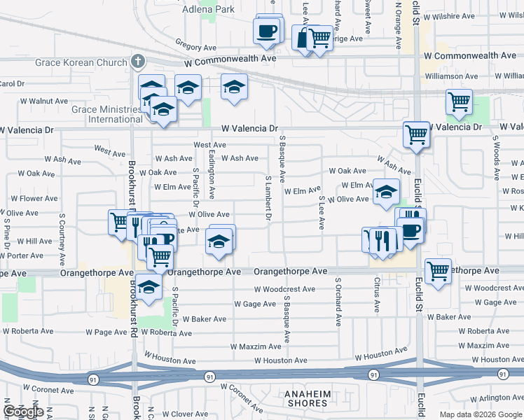 map of restaurants, bars, coffee shops, grocery stores, and more near 900 South Lambert Drive in Fullerton