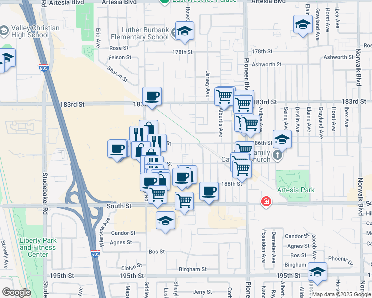 map of restaurants, bars, coffee shops, grocery stores, and more near 11540 186th Street in Artesia