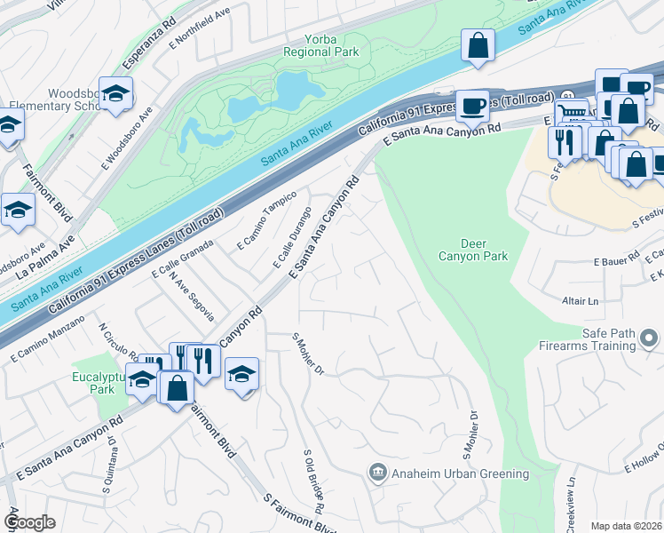 map of restaurants, bars, coffee shops, grocery stores, and more near 7630 East Spotted Pony Lane in Anaheim