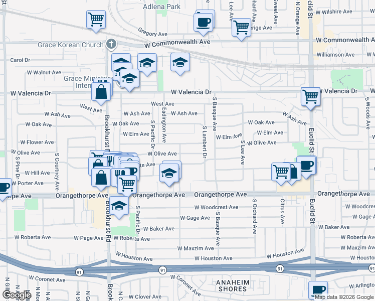 map of restaurants, bars, coffee shops, grocery stores, and more near 1467 West Olive Avenue in Fullerton