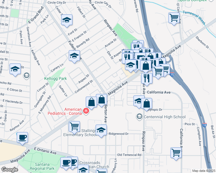 map of restaurants, bars, coffee shops, grocery stores, and more near 1611 Windmill Lane in Corona