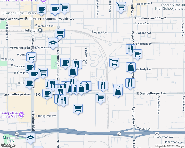 map of restaurants, bars, coffee shops, grocery stores, and more near 41 Spruce Via in Anaheim