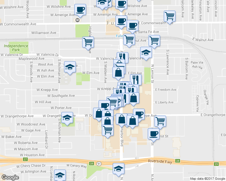 map of restaurants, bars, coffee shops, grocery stores, and more near 124 West Knepp Avenue in Fullerton