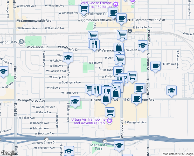 map of restaurants, bars, coffee shops, grocery stores, and more near 900 South Highland Avenue in Fullerton