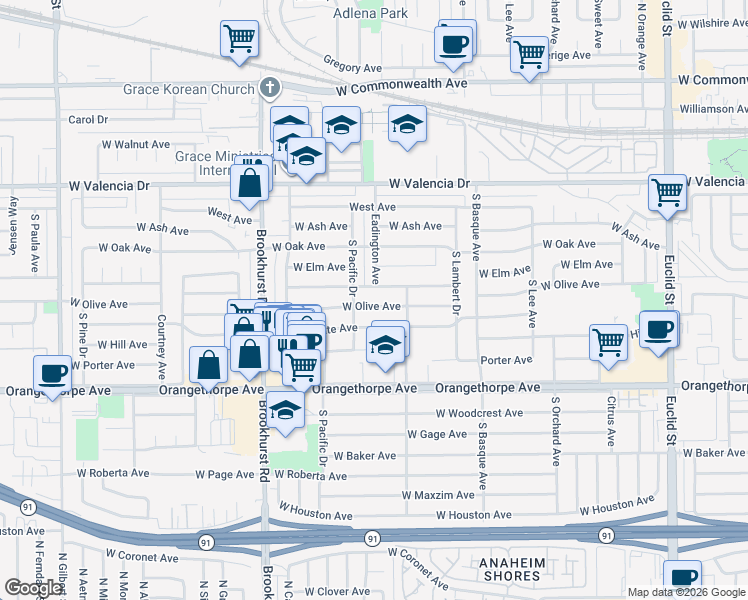 map of restaurants, bars, coffee shops, grocery stores, and more near 1520 West Flower Avenue in Fullerton