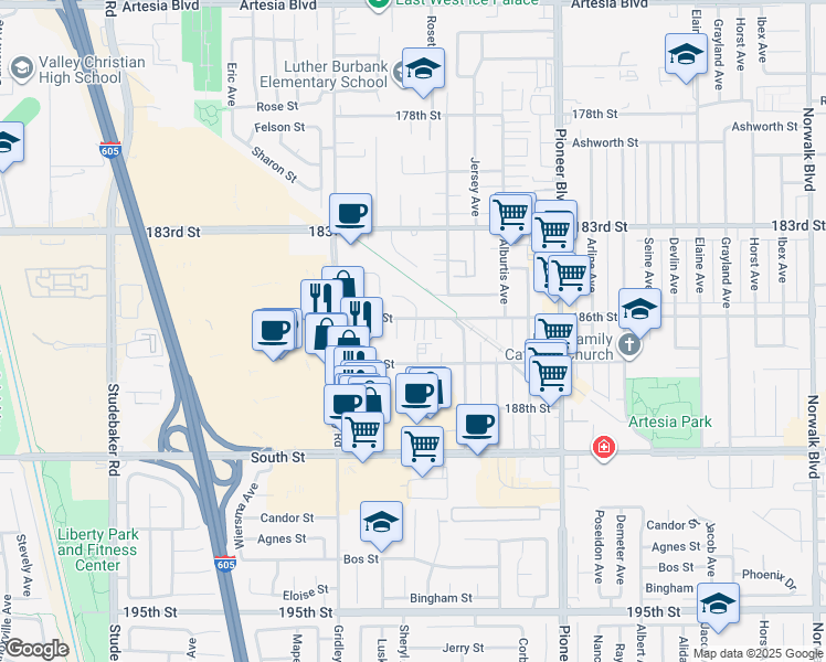 map of restaurants, bars, coffee shops, grocery stores, and more near 11540 186th Street in Artesia