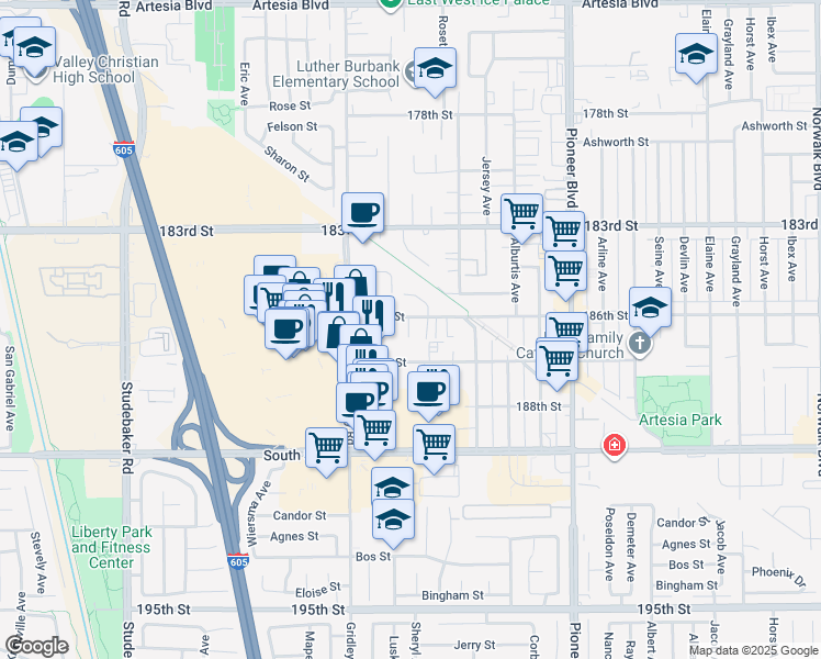 map of restaurants, bars, coffee shops, grocery stores, and more near 11454 186th Street in Artesia