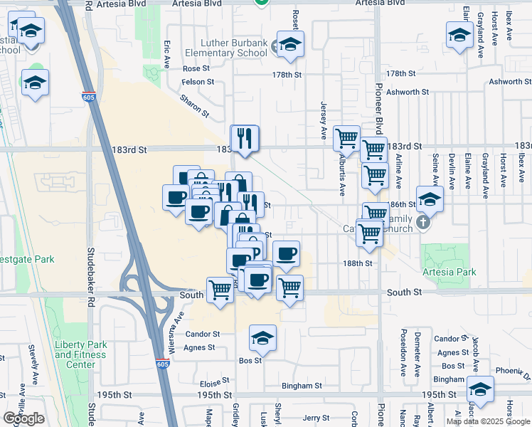 map of restaurants, bars, coffee shops, grocery stores, and more near 11454 186th Street in Artesia