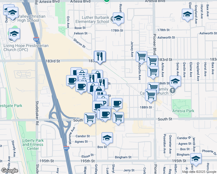 map of restaurants, bars, coffee shops, grocery stores, and more near 11454 186th Street in Artesia