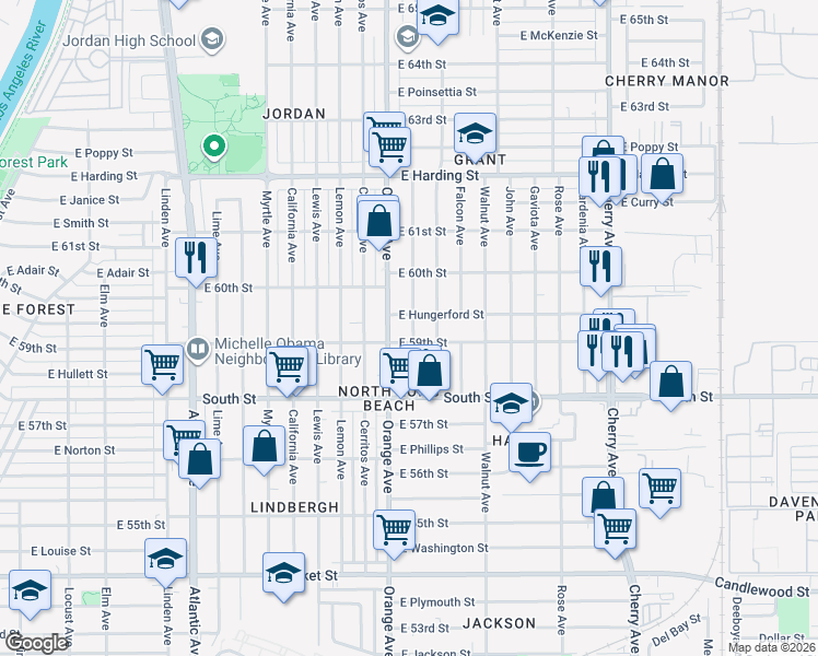 map of restaurants, bars, coffee shops, grocery stores, and more near 5916 Brayton Avenue in Long Beach