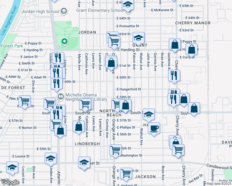 map of restaurants, bars, coffee shops, grocery stores, and more near 5915 Orange Avenue in Long Beach