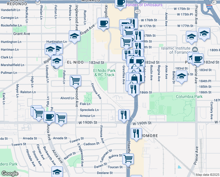map of restaurants, bars, coffee shops, grocery stores, and more near 18513 Mansel Avenue in Redondo Beach