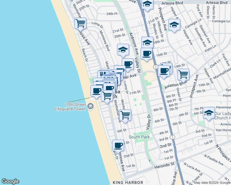 map of restaurants, bars, coffee shops, grocery stores, and more near in Hermosa Beach