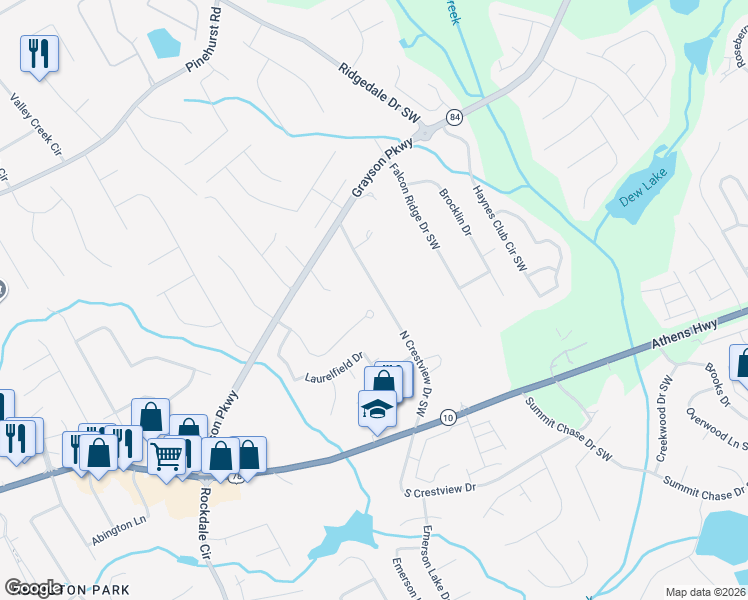 map of restaurants, bars, coffee shops, grocery stores, and more near 2792 Whispering Pines Drive Southwest in Grayson
