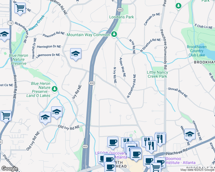map of restaurants, bars, coffee shops, grocery stores, and more near 4000 Wieuca Road Northeast in Atlanta