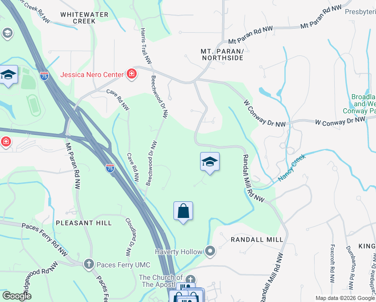 map of restaurants, bars, coffee shops, grocery stores, and more near 3990 Randall Mill Road Northwest in Atlanta