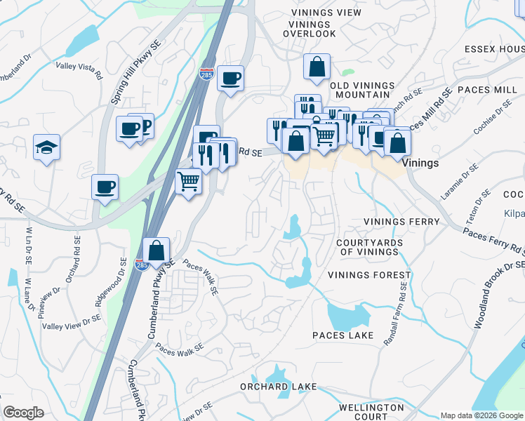 map of restaurants, bars, coffee shops, grocery stores, and more near 3751 Paces Lookout Circle Southeast in Atlanta
