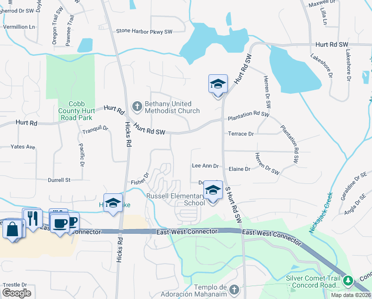 map of restaurants, bars, coffee shops, grocery stores, and more near 3770 Russell Street Southwest in Smyrna