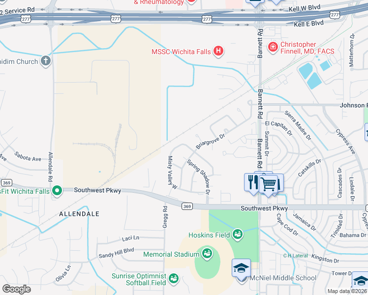 map of restaurants, bars, coffee shops, grocery stores, and more near 4507 Misty Valley West in Wichita Falls