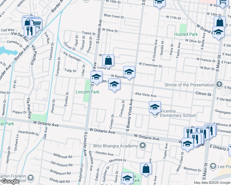 map of restaurants, bars, coffee shops, grocery stores, and more near 1010 Citron Street in Corona