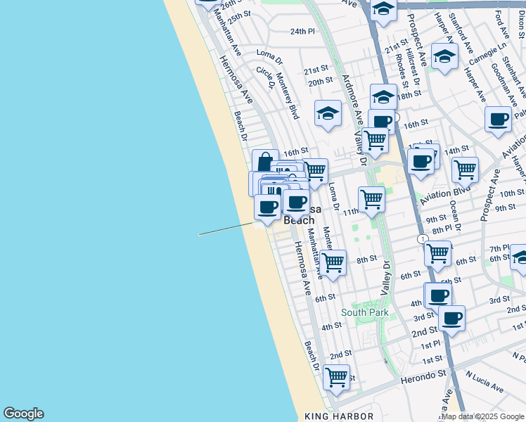 map of restaurants, bars, coffee shops, grocery stores, and more near 42 13th Street in Hermosa Beach