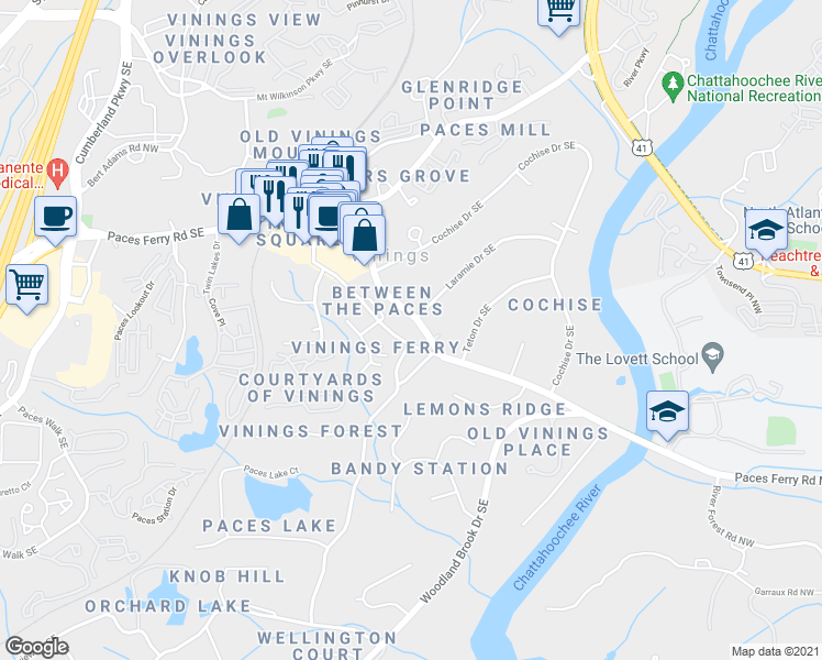 map of restaurants, bars, coffee shops, grocery stores, and more near 4270 Paces Ferry Road Southeast in Atlanta