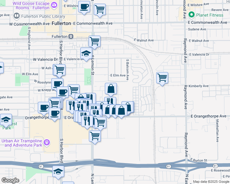 map of restaurants, bars, coffee shops, grocery stores, and more near 170 East Freedom Avenue in Anaheim