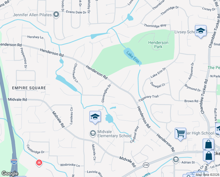 map of restaurants, bars, coffee shops, grocery stores, and more near 2713 Gleneagles Drive in Tucker