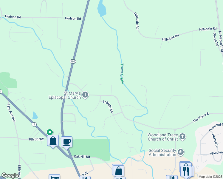 map of restaurants, bars, coffee shops, grocery stores, and more near Woodland Trace Drive in Jasper