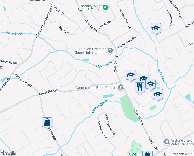 map of restaurants, bars, coffee shops, grocery stores, and more near 4850 Bainbridge Court Southwest in Lilburn